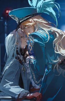 2girls absurdres augustus_(path_to_nowhere) blonde_hair commentary_request gloves hat hat_feather highres houraisan_chouko multiple_girls path_to_nowhere sitting standing white_hair yuri