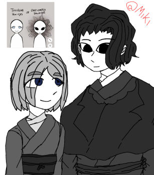 Rule 34 | artist name, couple, dazai osamu (isekai shikkaku), highres, isekai shikkaku, original, reference inset, sacchan (isekai shikkaku), simple background, smile, template, upper body, white background