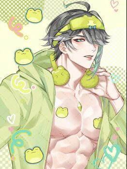 Rule 34 | 1boy, abs, alhaitham (genshin impact), aqua eyes, aqua hair, blindfold, genshin impact, green shirt, grey hair, hair between eyes, hair over one eye, headphones, headphones around neck, highres, long sleeves, male focus, multicolored hair, muscular, muscular male, open clothes, open shirt, rourouki, shirt, short hair, simple background, solo, streaked hair, white hair