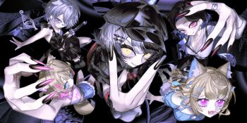 5girls animal_ear_fluff animal_ears arm_up bandaid bandaid_on_face black_capelet black_coat black_hair black_hat black_jacket black_nails black_pantyhose black_skirt black_thighhighs blonde_hair blue_camisole blue_eyes blue_hair blue_jacket blue_skirt braid breasts camisole capelet chest_jewel choker cleavage coat coat_on_shoulders collared_dress colored_inner_hair commentary crop_top deerstalker demon_horns denim denim_skirt dog_ears dog_girl dog_tail dress english_commentary eyewear_on_head flat_chest foreshortening frilled_choker frilled_dress frills fur-trimmed_skirt fur_trim fuwawa_abyssgard fuwawa_abyssgard_(casual) glasses grey_hair hair_ornament hair_over_one_eye hairclip hand_up hat highres holoadvent hololive hololive_english hood hooded_jacket horns jacket jewel_under_eye katana koseki_bijou koseki_bijou_(casual) large_breasts long_hair looking_at_viewer milestone_celebration miniskirt mococo_abyssgard mococo_abyssgard_(casual) multicolored_hair multiple_girls nail_polish nerissa_ravencroft nerissa_ravencroft_(casual) office_lady official_alternate_costume official_alternate_hair_length official_alternate_hairstyle open_clothes open_jacket open_mouth pantyhose pencil_skirt pink_eyes pink_hair pleated_skirt pungson_mori purple_eyes quilted_jacket red_dress red_nails sheath sheathed shiori_novella shiori_novella_(casual) shirt shirt_tucked_in short_hair side_braid simple_background skirt small_breasts swept_bangs sword tail thighhighs tomato_(sword) two_side_up virtual_youtuber weapon white_shirt white_skirt white_thighhighs wrist_cuffs x_hair_ornament yellow_eyes