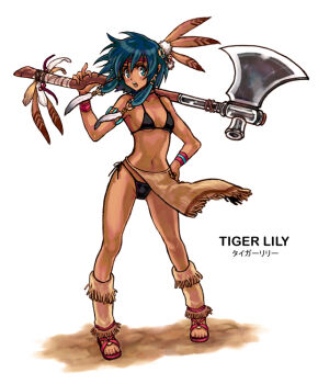 Rule 34 | 1girl, arm strap, axe, bare shoulders, bikini, black bikini, blue eyes, blue hair, character name, dark-skinned female, dark skin, full body, headdress, holding, holding axe, holding weapon, native american headdress, open mouth, peter pan (novel), princess royale, sand, solo, swimsuit, tiger lily (peter pan), weapon, white background, zaionic