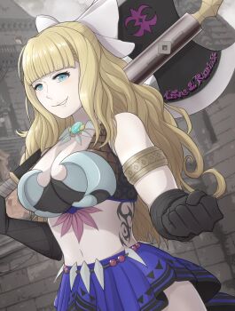 1girl alternate_costume axe blue_eyes blunt_bangs bow breasts brick_wall charlotte_(fire_emblem) cleavage commentary_request double-sided_axe fire_emblem fire_emblem_fates grin hair_bow heart heart-shaped_pupils highres holding holding_axe large_breasts long_hair looking_at_viewer nintendo oceanfe0 outdoors smile smirk solo stomach stomach_tattoo symbol-shaped_pupils tattoo thighs very_long_hair white_bow