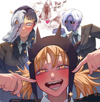 1boy 3girls black_eyes black_hair black_necktie black_suit blonde_hair blowing_kiss blush chainsaw chainsaw_devil chainsaw_man character_request closed_mouth collared_shirt colored_skin fang fangs formal_clothes heart highres jacket looking_at_viewer multiple_girls necktie open_mouth pointing pointing_at_self purple_skin shirt simple_background skin_fang smile sparkle sparkling_aura suit suit_jacket teeth white_background white_hair white_shirt yellow_eyes yuqi_non