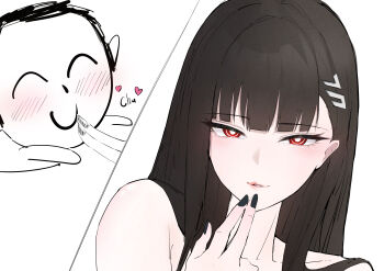 1boy 1girl absurdres bare_shoulders black_hair blue_archive blunt_bangs blush commentary_request doodle_sensei_(blue_archive) hair_ornament hairclip highres katagiri_nanoka long_hair looking_at_viewer parted_lips poking red_eyes rio_(blue_archive) sensei_(blue_archive) very_long_hair