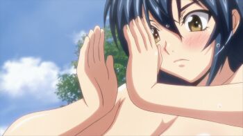 1girl animated animated_gif bath blue_hair blush bouncing_breasts breasts clapping gigantic_breasts highres hoods_entertainment large_nipples manyuu_chifusa manyuu_hikenchou nipples nude smile takagi_jun wet yellow_eyes