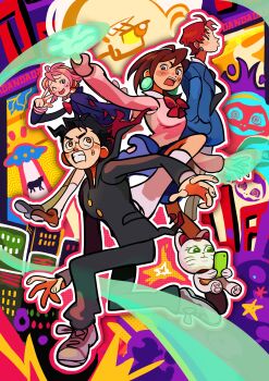 2boys 3girls absurdres ahoge alien alos_(alosrovolo) ayase_momo ayase_seiko black_hair black_jacket black_pants blue_jacket blue_skirt blush bow bowtie breasts brown_eyes brown_hair brown_shoes cat clenched_teeth collared_shirt cow dandadan earrings enjoji_jin flying_saucer full_body furrowed_brow gakuran glasses gold_buttons grey_pants hand_in_pocket highres holding holding_phone jacket jewelry loose_socks medium_breasts medium_hair multiple_boys multiple_girls one_eye_closed pants phone pink_hair pink_sweater purple_jacket red_bow red_bowtie red_hair round_eyewear school_uniform serpo_(dandadan) shiratori_aira_(dandadan) shirt shirt_under_sweater shoes short_hair skirt smile socks spacecraft sweatdrop sweater takakura_ken_(dandadan) teeth tongue tongue_out tractor_beam turbo_granny_(dandadan) v white_hair white_shirt white_socks