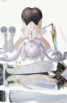 1girl absurdres apologizing ass backless_dress backless_outfit bare_back bare_shoulders black_dress boots bow chinese_commentary coat commentary_request dogeza dress earrings equipment_layout full_body hair_bow highres jewelry jinhsi_(wuthering_waves) maosiji_alio median_furrow multiple_hair_bows naked_dogeza shoulder_blades solo sword tacet_mark_(wuthering_waves) thighhighs top-down_bottom-up twintails two_side_up unworn_coat unworn_earring unworn_thighhighs weapon white_boots white_bow white_coat white_hair white_thighhighs wuthering_waves