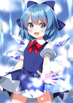 1girl :d blue_bow blue_dress blue_eyes blue_hair blush bow bowtie cirno collared_shirt commentary cowboy_shot dress hair_bow highres ice ice_wings looking_at_viewer open_mouth pinafore_dress red_bow red_bowtie ruu_(tksymkw) shirt short_hair short_sleeves sleeveless sleeveless_dress smile solo touhou white_shirt wings