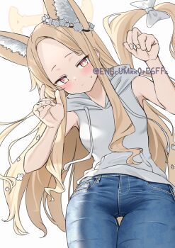 1girl absurdres alternate_costume animal_ear_fluff animal_ears bare_arms bare_shoulders blonde_hair blue_archive blue_pants blush bow breasts bright_pupils casual closed_mouth commentary cowboy_shot cross_halo curled_fingers denim drawstring ear_wreath expressionless fingernails flower forehead fox_ears fox_tail from_below gradient_eyes hair_behind_ear hair_flower hair_ornament halo hands_up highres hood hood_down hoodie jeans leaning_forward legs_together long_hair looking_at_viewer multicolored_eyes pants parted_bangs pink_eyes seia_(blue_archive) simple_background sleeveless sleeveless_hoodie small_breasts solo sweatdrop tail tail_bow tail_ornament twitter_username two-tone_eyes white_background white_bow white_flower white_hoodie white_pupils yamano_rokamizu yellow_eyes yellow_halo yellow_tail