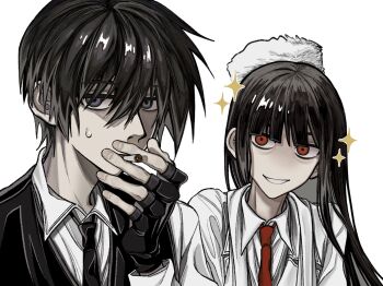 1boy 1girl alucard_(hellsing) black_gloves black_hair black_necktie black_vest blue_eyes fingerless_gloves fur_hat girlycard gloves hashtag-only_commentary hat hellsing highres necktie red_eyes red_necktie shirt smile smoking sparkle vest walter_c._dornez white_background white_hat white_shirt zrvxnm