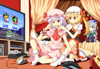 Rule 34 | >:d, 2girls, :d, ascot, bat wings, bed, blonde hair, blue hair, bow, bowl, bowser, braid, canopy bed, character doll, chips (food), console, controller, cup, doll, dress, female focus, finger in another's mouth, flandre scarlet, food, game console, game controller, grin, hair bow, hat, hat ribbon, izayoi sakuya, koopa, maid, mario (series), mario kart, mario kart 64, mouth pull, multiple girls, nintendo, nintendo 64, nintendo 64 controller, no shoes, open mouth, pillow, pink dress, playing games, playing video games, red dress, remilia scarlet, ribbon, ruu (tksymkw), siblings, side ponytail, silver hair, sisters, sitting, skirt, skirt set, slice of life, smile, socks, spilling, super mario bros. 1, teacup, television, touhou, truth, twin braids, v-shaped eyebrows, wings, yoshi