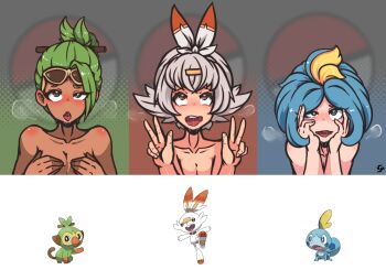 3girls ahegao ahoge blonde_hair blue_hair blush breasts breath cleavage creature_and_personification dark-skinned_female dark_skin double_v drooling eyeliner eyewear_on_head folded_ponytail gen_8_pokemon green_hair grookey heart heart-shaped_pupils highres makeup multiple_girls nintendo open_mouth personification poke_ball pokemon pokemon_(creature) pokemon_swsh ponytail saliva scorbunny sexually_suggestive short_hair smile sobble starter_pokemon_trio sweat symbol-shaped_pupils tongue tongue_out v verymediocre