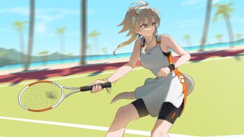 1girl arknights ball bare_arms bare_shoulders bike_shorts black_shorts blue_sky breasts brown_eyes brown_hair closed_mouth cloud collarbone commentary_request day dress hair_between_eyes hairband highres holding long_hair looking_to_the_side mayer_(arknights) medium_breasts motion_blur northkiyou outdoors palm_tree racket shorts shorts_under_dress sky sleeveless sleeveless_dress solo sportswear sweatband tennis tennis_ball tennis_court tennis_dress tennis_racket tennis_uniform tree v-shaped_eyebrows water white_dress white_hairband wristband