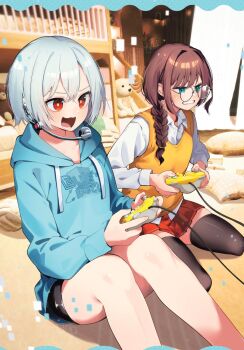2girls bed bedroom black_shorts black_socks black_thighhighs blue_eyes blue_hoodie blue_jacket braid brown_hair bunk_bed cleaned collarbone collared_shirt colorized controller cover cover_page cushion dot_nose female_focus game_controller glasses headphones headset highres hood hooded_jacket hoodie igarashi_masakuni indoors inohana_rikka jacket kirino_iko kneehighs legs long_hair long_sleeves manga_cover manga_illustration manga_page mayonaka_heart_tune microphone miniskirt multiple_girls official_art open_mouth pillow playing_games pleated_skirt red_eyes red_skirt seiza shirt shirt_under_sweater shirt_under_vest short_hair shorts sitting skirt smirk socks struggling stuffed_animal stuffed_toy sweatdrop sweater sweater_vest teddy_bear teeth thighhighs thighs thighs_focus vest video_game white_hair white_shirt yellow_sweater yellow_sweater_vest zettai_ryouiki