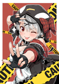 1girl ;p animal_collar animal_hood belt belt_collar black_belt black_collar black_gloves black_jacket black_streaks blush braid breasts camisole caution_tape center-flap_bangs cleavage collar commentary_request double-parted_bangs double_w fingerless_gloves frilled_camisole frills gloves grey_hair hair_ornament hairclip hand_up haniwa_(leaf_garden) highres hololive holox hood hood_up jacket large_breasts long_sleeves looking_at_viewer nail_polish off_shoulder one_eye_closed open_clothes open_jacket orca_hood red_eyes red_nails sakamata_chloe sakamata_chloe_(1st_costume) side_braid solo tongue tongue_out two-sided_fabric two-sided_jacket upper_body v-shaped_eyebrows virtual_youtuber w w_over_head white_camisole x_hair_ornament