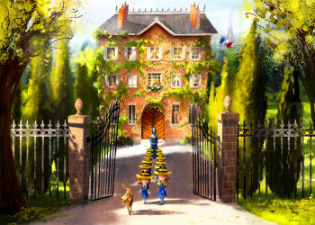 6+girls amy_(madeline) animal anne_(madeline) arch artist_name atmospheric_perspective black_ribbon black_shoes blonde_hair blue_dress blurry brown_hair building chimney chloe_(madeline) closed_eyes closed_mouth cornice day dog door door_knocker dress eiffel_tower ellie_(madeline) european_architecture fence finial france french_flag gable_roof gate genevieve_(madeline) gloves grass grey_pantyhose hat hat_ribbon janine_(madeline) long_hair long_sleeves looking_at_another lulu_(madeline) madeline_(book) madeline_fogg miss_clavel multiple_girls nicole_(madeline) nona_(madeline) nun orange_hair outdoors pantyhose pet_walking plant red_leash ribbon scenery shadow shoes signature simone_(madeline) sky smile standing straw_hat sylvie_(madeline) tree very_wide_shot vines vivien_wu white_gloves wide_shot window window_box yellow_hat yvette_(madeline)