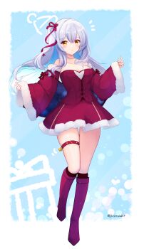 1girl :o absurdres bare_shoulders blue_hair boots breasts brown_eyes brown_socks christmas cleavage collarbone commentary_request detached_sleeves dress fur-trimmed_dress fur-trimmed_sleeves fur_trim fuuna grey_hair highres knee_boots kneehighs long_sleeves looking_at_viewer medium_breasts multicolored_hair notice_lines one_side_up original parted_lips pinching_sleeves red_boots red_dress red_sleeves santa_costume sleeves_past_wrists socks solo strapless strapless_dress twitter_username two-tone_hair wide_sleeves