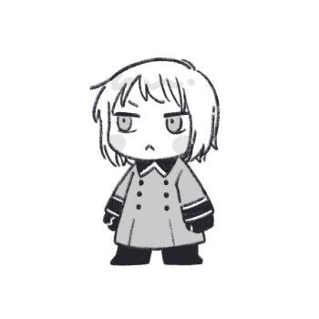 Rule 34 | 1boy, :<, axis powers hetalia, blush stickers, boots, buttons, chibi, chibi only, clenched hands, closed mouth, collared coat, full body, gloves, greyscale, long sleeves, looking afar, male focus, mi aph to, military, military uniform, monochrome, short hair, simple background, solo, standing, switzerland (hetalia)