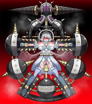 1girl bar_censor blush bound breasts byser_shock censored clitoral_stimulation commentary_request demon_horns demon_wings dress duel_monster garter_straps gloves grey_eyes horns lactation large_breasts lovely_labrynth_of_the_silver_castle nipple_stimulation nipples object_insertion one_eye_closed open_mouth restrained sex_machine short_hair thighhighs torn_clothes viser_des white_dress white_gloves white_hair white_thighhighs wings yagami_(mukage) yu-gi-oh!