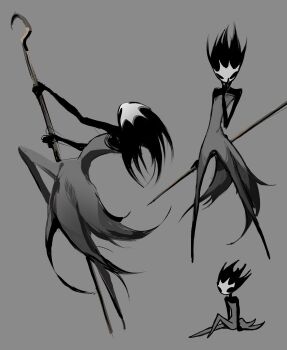 Rule 34 | arthropod girl, black eyes, black hair, black skin, colored skin, commentary, dress, english commentary, floating hair, full body, grey background, grey dress, hand on mask, highres, holding, holding weapon, hollow eyes, hollow knight, hollow knight: silksong, kindahaimu511, mask, multiple views, phantom (hollow knight), pin (hollow knight), simple background, weapon, white mask