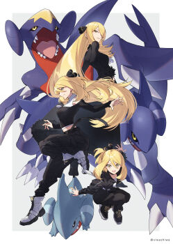 1girl absurdres age_progression aged_down black_dress black_footwear boots border breasts closed_mouth commentary_request cynthia_(pokemon) dress evolution floating_hair from_side full_body fur_trim gabite garchomp gen_4_pokemon gible hair_ornament hand_on_own_hip highres large_breasts long_hair long_sleeves looking_at_viewer looking_back looking_to_the_side midriff nintendo open_mouth outstretched_arm parted_lips pokemon pokemon_(creature) pokemon_dppt sharp_teeth shoes short_hair sideways_glance simple_background smile sneakers teeth white_background white_border white_footwear xia_(ryugo) yellow_eyes