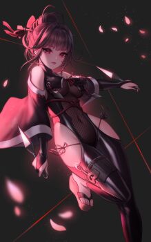 Rule 34 | 1girl, black bodysuit, bodysuit, breasts, brown hair, clothing cutout, commentary, covered navel, detached sleeves, english commentary, falling petals, goddess of victory: nikke, hair ornament, hair stick, highres, holding, holding kunai, holding weapon, korean commentary, kunai, long hair, looking at viewer, medium breasts, mixed-language commentary, official alternate costume, parted lips, petals, pink petals, red eyes, rose petals, sakura (midnight stealth) (nikke), sakura (nikke), sandals, shoulder cutout, smile, solo, standing, standing on one leg, string, trhisell, weapon