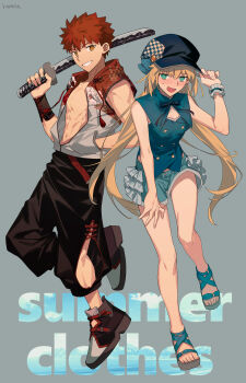 1boy 1girl absurdres artoria_caster_(fate) artoria_pendragon_(fate) bare_shoulders beret blonde_hair blue_headwear blue_ribbon blush bow bracelet breeches buttons collarbone cross-laced_footwear emiya_shirou fate/grand_order fate_(series) foot_up full_body green_bow green_eyes green_footwear green_shorts green_vest grey_background hand_in_pocket haraite_ya hat highres inscryption japanese_clothes jewelry katana long_hair looking_at_viewer open_mouth orange_eyes orange_hair ribbon sandals senji_muramasa_(fate) shorts simple_background smile sword teeth toenails toes translated uvula vest weapon white_vest