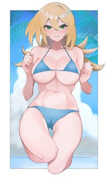 1girl absurdres bare_shoulders bikini blonde_hair blush breasts closed_mouth cloud collarbone dark_magician_girl duel_monster female_focus green_eyes highres kataku_musou large_breasts long_hair looking_at_viewer navel palm_leaf sky swimsuit white_background yu-gi-oh! yu-gi-oh!_duel_monsters