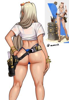 1girl ass bikini blonde_hair blue_bikini centi_(nikke) centi_(ocean_repair)_(nikke) commentary english_commentary eyewear_on_head goddess_of_victory:_nikke heart heart-shaped_eyewear highres long_hair mommymilkers3k multiple_views official_alternate_costume see-through_clothes see-through_shirt shirt solo swimsuit tan tanline thighs tools wet wet_clothes wet_shirt white_background white_shirt