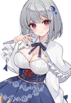 Rule 34 | 1girl, black nails, blue ribbon, blue skirt, breasts, capelet, cleavage, commentary, commission, crescent, crescent hair ornament, etoria, grey hair, hair ornament, hand up, high-waist skirt, highres, hoshizuki lunna, indie virtual youtuber, large breasts, long sleeves, medium hair, neck ribbon, purple eyes, ribbon, shirt, simple background, skeb commission, skirt, smile, solo, star (symbol), star hair ornament, upper body, virtual youtuber, white background, white capelet, white shirt