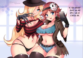 2girls a_nightmare_on_elm_street black_panties blonde_hair blue_eyes breasts brown_hair cellphone claws cleavage cosplay earrings flower_earrings freddy_krueger freddy_krueger_(cosplay) friday_the_13th gloves grin hair_over_one_eye halloween halloween_costume hat jason_voorhees jason_voorhees_(cosplay) jewelry large_breasts looking_at_viewer mario_(series) mask md5_mismatch midriff multiple_girls navel nintendo panties phone princess_daisy resolution_mismatch rosalina shiny_skin shorts smile source_larger speech_bubble sugarbell super_mario_galaxy super_mario_land thighs underwear