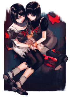 2girls amakura_mayu amakura_mio black_hair boots brown_eyes bug butterfly closed_mouth collarbone dress fatal_frame fatal_frame_ii:_crimson_butterfly gauss_&lt;bokashi hand_on_another&#039;s_hand insect lips looking_at_viewer multiple_girls red_ribbon ribbon short_hair siblings sisters sitting skirt twins
