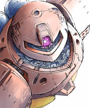 absurdres commentary_request dated from_above gogg gundam highres kobakin looking_at_viewer looking_up mecha mecha_focus mobile_suit one-eyed red_eyes robot science_fiction signature simple_background solo white_background