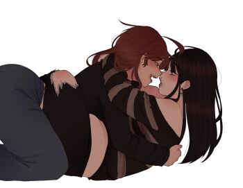 2girls absurdres arms_around_neck black_hair black_pants black_shirt brown_hair commentary denim drooling eye_contact face_piercing fat_rolls grey_pants half-closed_eyes heart heart-shaped_pupils highres inverted_cross_earrings jeans lip_piercing looking_at_another midriff multiple_girls off-shoulder_shirt off_shoulder open_mouth original pants piercing plump pockiseisont saliva shirt smile striped_clothes striped_shirt symbol-shaped_pupils torn_clothes torn_pants yuri