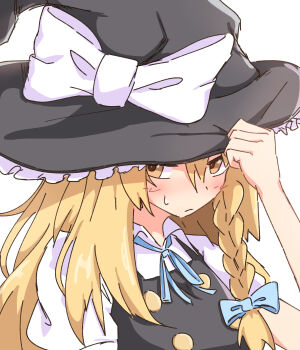 1girl adjusting_clothes adjusting_headwear black_hat blonde_hair blue_bow blush bow braid braided_sidelock commentary embarrassed hair_bow hat hat_bow highres isgod kirisame_marisa looking_at_viewer simple_background solo touhou upper_body white_background white_bow witch_hat yellow_eyes
