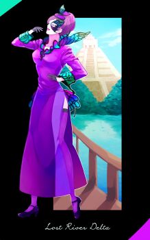 1girl blue_eyes butterfly_ornament carlotta_mariposa disneyland dress english_text fashionable_easter full_body gloves highres looking_at_viewer nerigoma purple_eyes short_hair solo tagme upper_body