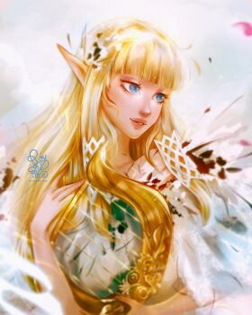 1girl blonde_hair blue_eyes braid commentary crown_braid dress earrings english_commentary green_eyes hair_ornament highres hime_cut jewelry lips long_hair looking_at_viewer nintendo painterly pointy_ears princess_zelda roytheart sidelocks solo straight_hair the_legend_of_zelda very_long_hair