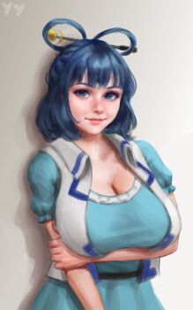 Rule 34 | 1girl, against wall, aqua dress, arm under breasts, artistic error, blue eyes, blue hair, breasts, cleavage, closed mouth, commentary, dress, drop shadow, frills, grey background, hair ornament, hair rings, hair stick, highres, huge breasts, kaku seiga, looking at viewer, medium hair, open clothes, open vest, puffy short sleeves, puffy sleeves, self-upload, shadow, short sleeves, simple background, smile, solo, source request, touhou, upper body, vest, white vest, wing collar, yyf (seaknight)