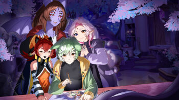 absurdres animal_ears bad_link badge bare_shoulders bat_boy bat_ears black_shirt blue_eyes brown_hair button_badge cape carol_(lilum) carrot colored_sclera colored_skin dante_will demon_tail detached_sleeves drawing_(action) drawing_(object) dress extra_eyes fingernails forest furry furry_female green_jacket hair_ornament hairclip hat heterochromia highres holding holding_pencil indie_virtual_youtuber jacket jester jester_cap long_hair long_sleeves lucky_(dante_will) nature neck_ruff orange_dress orange_eyes orange_hat pants pencil pink_hair plaid_clothes plaid_pants pointy_ears purple_jacket purple_skin rabbit_ears rabbit_girl red_hair red_sclera second-party_source sharp_teeth shirt smile sombra_(dante_will) striped_sleeves sue_chwan tail teeth translation_request wings