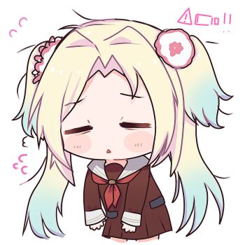 Rule 34 | 1girl, :<, = =, battery indicator, blonde hair, blue hair, blush, blush stickers, brown dress, chibi, chibi only, closed eyes, col person, commentary, dress, exhausted, facing viewer, flower, flying sweatdrops, frown, gradient hair, hair flower, hair ornament, hasu no sora school uniform, highres, link! like! love live!, long hair, long sleeves, love live!, multicolored hair, neckerchief, osawa rurino, parted lips, pink flower, red neckerchief, sailor collar, sailor dress, school uniform, short dress, sign, simple background, solo, triangle mouth, untranslatable commentary, virtual youtuber, warning sign, white background, white sailor collar, winter uniform