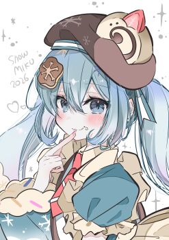 1girl absurdres apron aqua_eyes aqua_hair blush cake character_name closed_mouth collared_shirt commentary cookie_hair_ornament food food-themed_hair_ornament hair_between_eyes hair_ornament hatsune_miku highres long_hair looking_at_viewer necktie official_alternate_costume official_alternate_hairstyle pink_necktie puffy_short_sleeves puffy_sleeves ria_art shirt short_sleeves snowflake_hair_ornament snowflake_print solo swiss_roll twintails very_long_hair vocaloid white_apron yuki_miku yuki_miku_(2026)