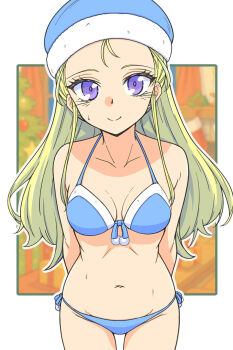 1girl assam_(girls_und_panzer) bikini blonde_hair blue_eyes blue_santa_costume blush breasts cleavage closed_mouth girls_und_panzer hat highres large_breasts long_hair looking_at_viewer navel renshiu santa_costume santa_hat side-tie_bikini_bottom smile solo swimsuit