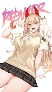 1girl alternate_costume animal animal_on_shoulder arm_support black_skirt blonde_hair breasts cat cat_on_shoulder chainsaw_man character_name cleavage collared_shirt cross-shaped_pupils demon_girl demon_horns hair_between_eyes hataraki_kuma highres horns large_breasts long_hair_between_eyes looking_at_viewer meowy_(chainsaw_man) miniskirt open_mouth partially_unbuttoned plaid_clothes plaid_skirt power_(chainsaw_man) red_horns school_uniform scrunchie sharp_teeth shirt skirt sweater_vest symbol-shaped_pupils teeth v white_shirt wrist_scrunchie yellow_eyes yellow_sweater_vest