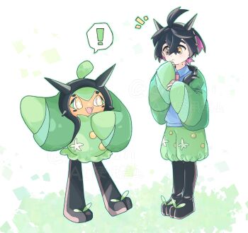 Rule 34 | !, 1boy, :d, black hair, black hairband, blueberry academy school uniform, cloak, colored inner hair, commentary request, cosplay, cropped, crossed bangs, fake horns, full body, green cloak, hair between eyes, hairband, highres, horn hairband, horns, kieran (pokemon), kiri8211, male focus, mole, mole on neck, multicolored hair, nintendo, ogerpon, ogerpon (cosplay), open mouth, outstretched arm, pokemon, pokemon (creature), pokemon sv, puffy shorts, purple hair, school uniform, shoes, short hair, shorts, simple background, smile, spoken exclamation mark, standing, star-shaped pupils, star (symbol), symbol-shaped pupils, two-tone hair, yellow eyes
