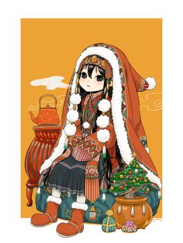 1girl black_hair boots breath christmas clothing_request dress fur_trim green_eyes highres long_hair looking_at_viewer mimit mittens original scarf sitting solo teapot