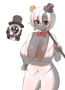 Rule 34 | 1boy, 1girl, absurdres, ags (last origin), blazer, bow, bowtie, breasts, cane, cleavage, colored skin, commentary request, dual persona, emoji, genderswap, genderswap (mtf), grey skin, hat, highres, holding, holding cane, huge breasts, jacket, kim aendeo, korean commentary, last origin, looking at viewer, mechanical arms, mini hat, mini top hat, monitor head, mr.alfred (last origin), pants, red bow, red bowtie, short hair, smile, sweat, thinking emoji, top hat, white background, white hair, white pants