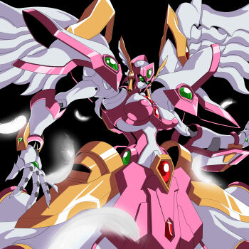 absurdres angelg black_background breasts closed_mouth falling_feathers feathers fingernails green_eyes helmet highres kds_(0049) large_breasts mecha mecha_focus nipples no_humans outstretched_arms sharp_fingernails super_robot_wars super_robot_wars_og_the_inspector super_robot_wars_original_generation super_robot_wars_original_generation_2 white_feathers winged_helmet wings