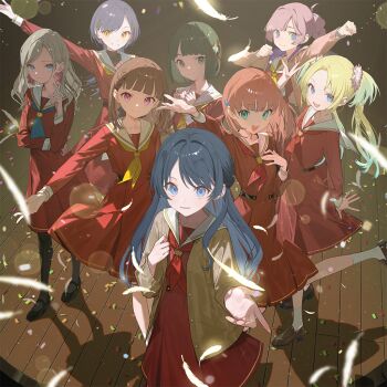 6+girls :d ahoge album_cover alternate_breast_size_(smaller) anyoji_hime blonde_hair blue_eyes blue_hair blue_neckerchief bow braid breasts brown_dress brown_hair center-flap_bangs ceras_yanagida_lilienfeld closed_mouth confetti cover dress flower gradient_hair green_eyes green_hair grey_hair hair_bow hair_flower hair_intakes hair_ornament hair_ribbon hajimari_no_haneoto half_updo hasu_no_sora_school_uniform hinoshita_kaho hood hooded_jacket jacket jellyfish_cut kachimachi_kosuzu katsuragi_izumi link!_like!_love_live! loafers long_sleeves looking_at_viewer love_live! momose_ginko multicolored_hair multiple_girls murano_sayaka neckerchief non-web_source official_art open_clothes open_jacket open_mouth orange_hair osawa_rurino parted_lips pink_eyes pink_flower pink_hair pink_jacket pink_ribbon rabbit_hair_ornament red_neckerchief ribbon sailor_collar sailor_dress school_uniform shoes side_braids small_breasts smile textless_version turtleneck twintails two_side_up virtual_youtuber white_sailor_collar winter_uniform wooden_floor yellow_eyes yellow_neckerchief