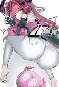 Rule 34 | 1girl, absurdres, aqua hair, arknights, arknights: endfield, ass, barefoot, black gloves, black horns, commentary request, crop top, drone, feet, from behind, gloves, hair on horn, highres, horns, long hair, looking at viewer, mikuning, multicolored hair, pants, pink hair, pointy ears, purple hair, simple background, soles, solo, streaked hair, tail, toes, two-tone hair, very long hair, white background, white pants, yvonne (arknights)