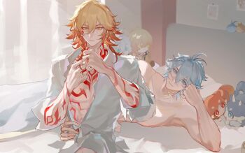 2boys absurdres antenna_hair arm_tattoo bare_pectorals blonde_hair blue_eyes braid character_doll chest_tattoo chimera_(honkai:_star_rail) chinese_commentary collared_shirt commentary_request commission doll facial_tattoo gradient_hair highres honkai:_star_rail honkai_(series) looking_at_another male_focus medium_hair multicolored_hair multiple_boys mydei_(fig_stew)_(honkai:_star_rail) mydei_(honkai:_star_rail) neck_tattoo on_bed parted_bangs partially_unbuttoned pectorals phainon_(honkai:_star_rail) phainon_(vigethos)_(honkai:_star_rail) pillow red_hair red_tattoo second-party_source shirt short_hair side_braid sitting sun_symbol sun_tattoo tan tattoo topless_male white_hair white_shirt yaoi yellow_eyes yimo6178